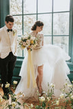 Elegant Hi-lo Lace Tulle Wedding Dresses With Long Sleeves
