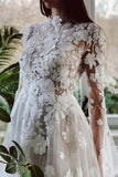 Elegant High Collar Long Sleeves A-Line Lace Wedding Dress with Chapel Train-misshow.com