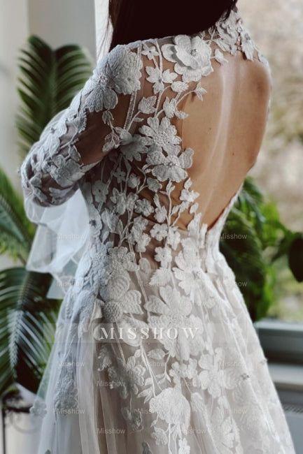 Elegant High Collar Long Sleeves A-Line Lace Wedding Dress with Chapel Train