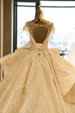 Elegant Illusion neck Cap Sleeve Appliques Tulle A-line Princess Wedding Dress-misshow.com