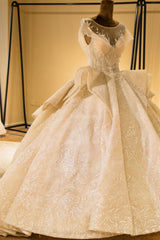 Elegant Illusion neck Cap Sleeve Appliques Tulle A-line Princess Wedding Dress-misshow.com