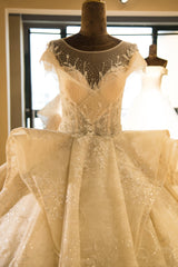 Elegant Illusion neck Cap Sleeve Appliques Tulle A-line Princess Wedding Dress-misshow.com