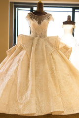 Elegant Illusion neck Cap Sleeve Appliques Tulle A-line Princess Wedding Dress-misshow.com