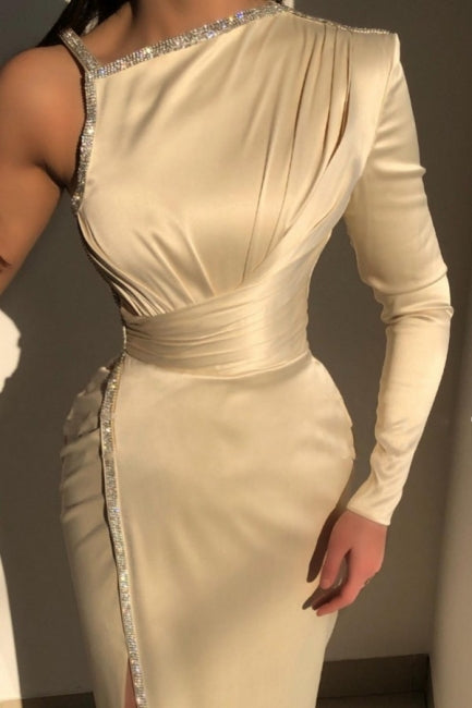 Elegant Ivory One-shoulder Long-Sleeve Sheath Prom Dresses with Sequins-misshow.com