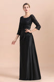 Elegant Jewel 3/4 Sleeves Black Satin Lace Ruffles Mother of Bride Dress On Sale-misshow.com
