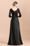 Elegant Jewel 3/4 Sleeves Black Satin Lace Ruffles Mother of Bride Dress On Sale-misshow.com