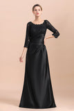 Elegant Jewel 3/4 Sleeves Black Satin Lace Ruffles Mother of Bride Dress On Sale