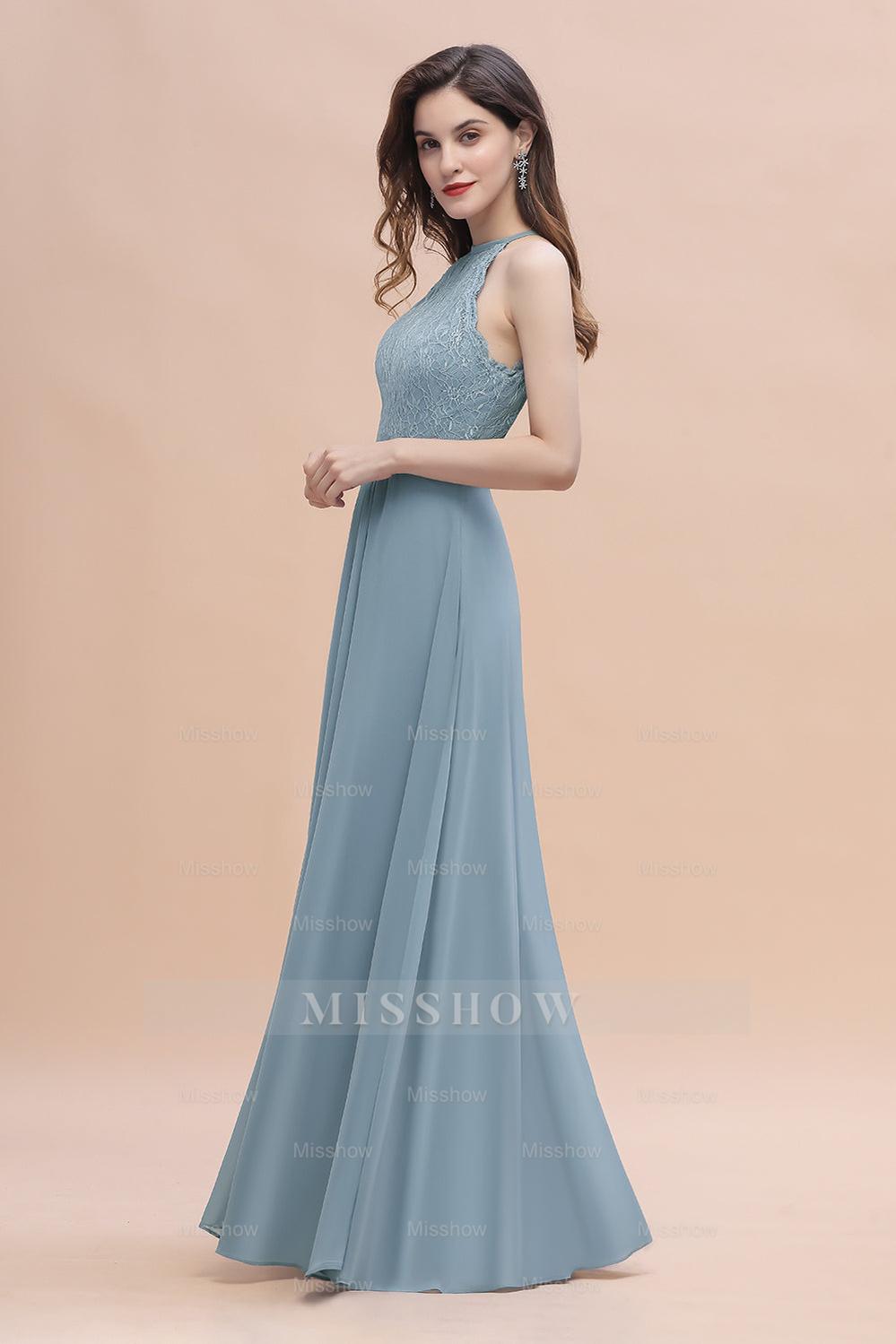 Elegant Jewel Lace Appliques Dusty Blue Chiffon Bridesmaid Dresses On Sale Elegant Jewel Lace Appliques Dusty Blue Chiffon Bridesmaid Dresses On Sale