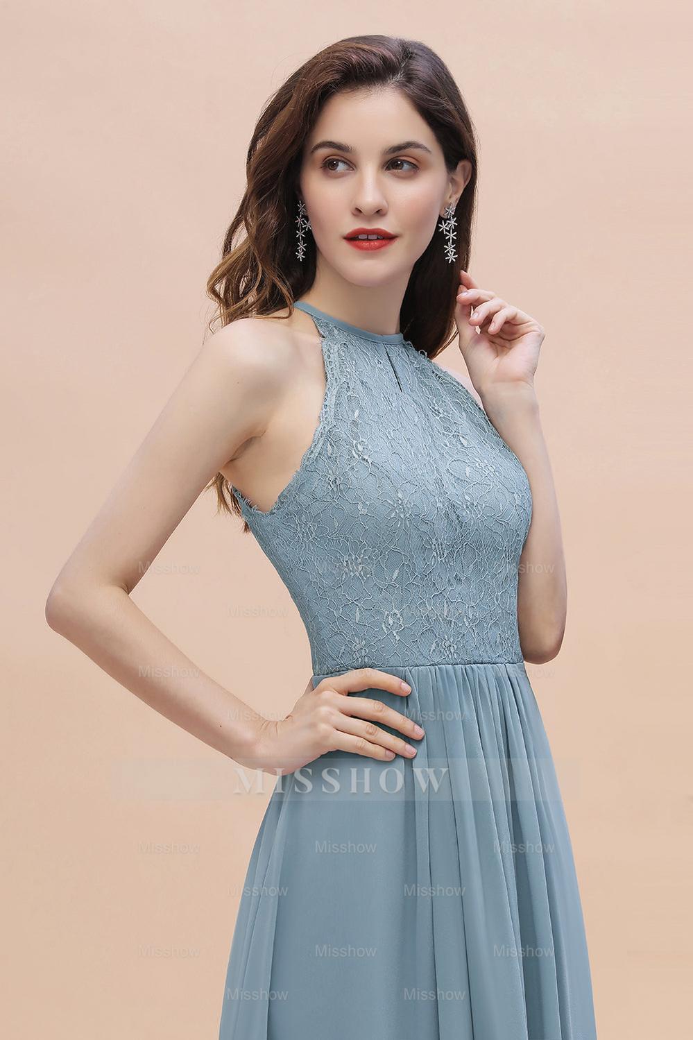 Elegant Jewel Lace Appliques Dusty Blue Chiffon Bridesmaid Dresses On Sale Elegant Jewel Lace Appliques Dusty Blue Chiffon Bridesmaid Dresses On Sale