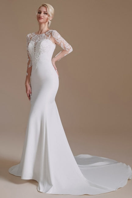 Elegant Jewel Long-Sleeve Mermaid Floor-Length Satin Wedding Dresses with Pattern-misshow.com