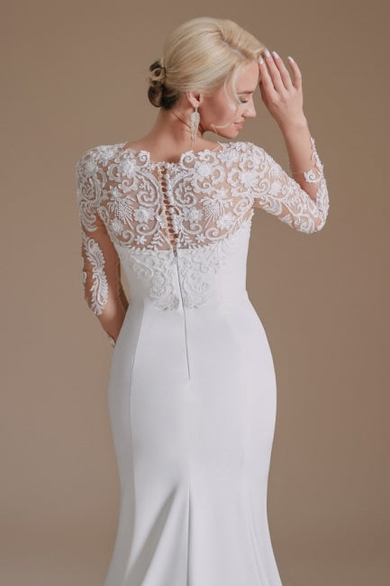 Elegant Jewel Long-Sleeve Mermaid Floor-Length Satin Wedding Dresses with Pattern-misshow.com