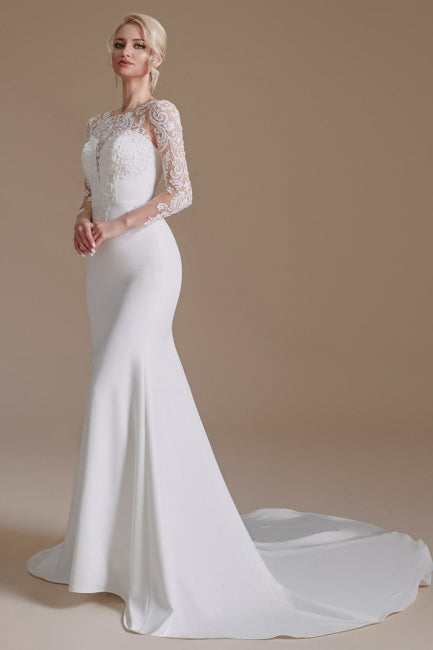 Elegant Jewel Long-Sleeve Mermaid Floor-Length Satin Wedding Dresses with Pattern-misshow.com