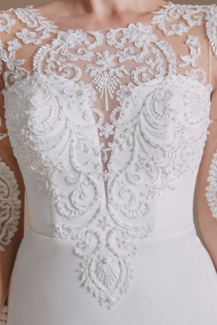 Elegant Jewel Long-Sleeve Mermaid Floor-Length Satin Wedding Dresses with Pattern-misshow.com