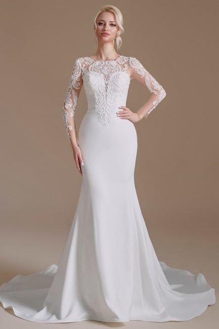 Elegant Jewel Long-Sleeve Mermaid Floor-Length Satin Wedding Dresses with Pattern-misshow.com