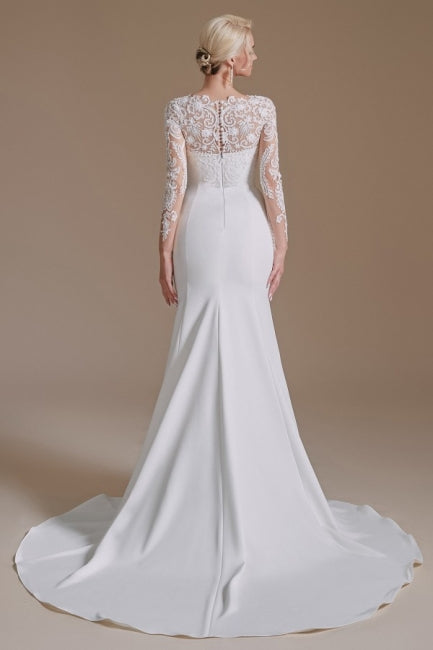 Elegant Jewel Long-Sleeve Mermaid Floor-Length Satin Wedding Dresses with Pattern-misshow.com