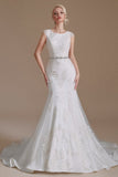 Elegant Jewel Sleeveless Mermaid Floor-Length Satin Wedding Dresses with Lace-misshow.com