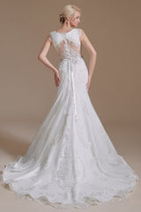 Elegant Jewel Sleeveless Mermaid Floor-Length Satin Wedding Dresses with Lace-misshow.com