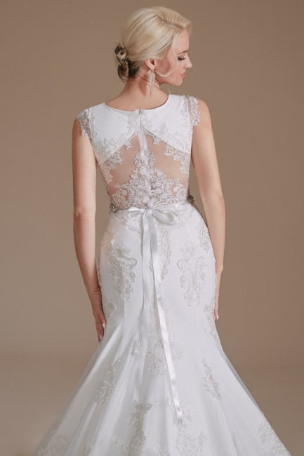Elegant Jewel Sleeveless Mermaid Floor-Length Satin Wedding Dresses with Lace-misshow.com