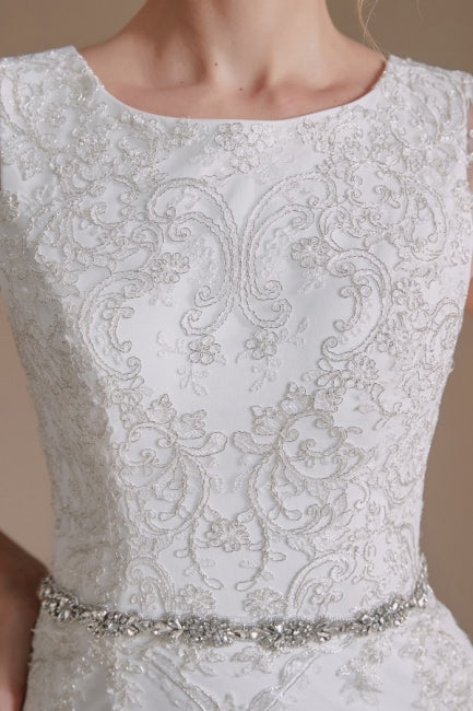 Elegant Jewel Sleeveless Mermaid Floor-Length Satin Wedding Dresses with Lace-misshow.com