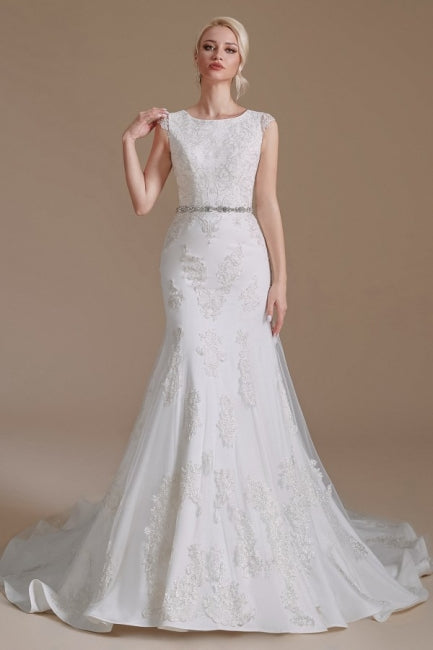 Elegant Jewel Sleeveless Mermaid Floor-Length Satin Wedding Dresses with Lace-misshow.com