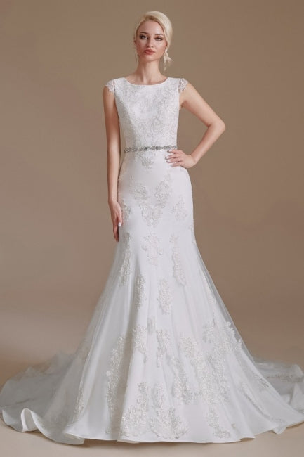 Elegant Jewel Sleeveless Mermaid Floor-Length Satin Wedding Dresses with Lace-misshow.com