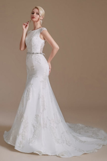 Elegant Jewel Sleeveless Mermaid Floor-Length Satin Wedding Dresses with Lace-misshow.com