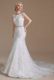 Elegant Jewel Sleeveless Mermaid Floor-Length Satin Wedding Dresses with Lace
