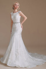 Elegant Jewel Sleeveless Mermaid Floor-Length Satin Wedding Dresses with Lace-misshow.com