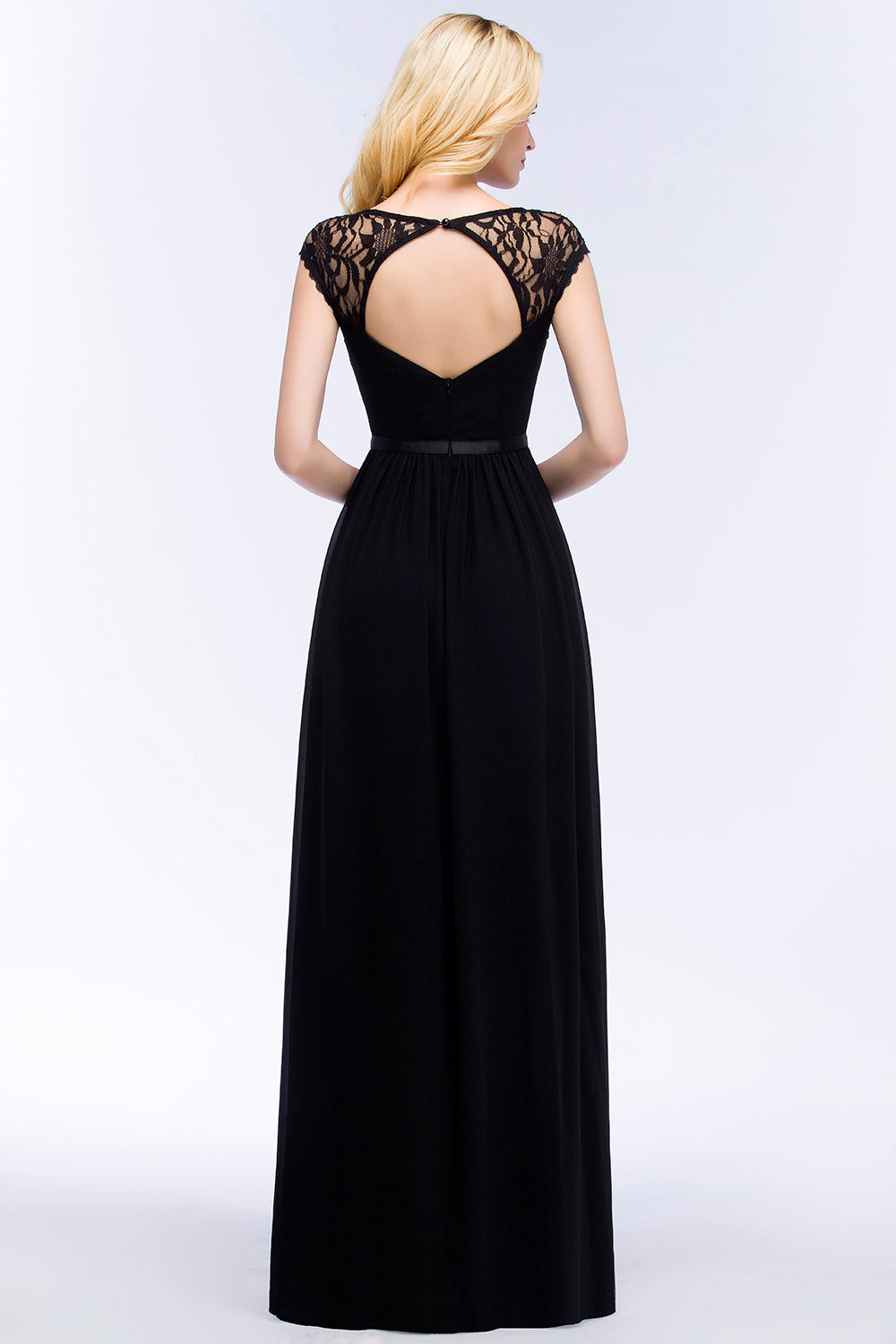 Elegant Lace Black V-Neck Sleeveless Bridesmaid Dresses with Hollowout Back