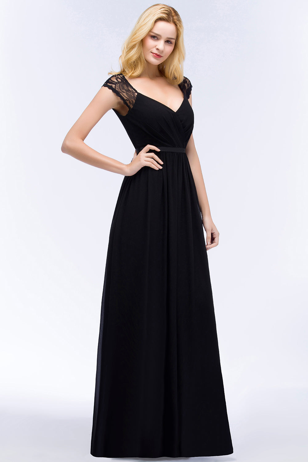 Elegant Lace Black V-Neck Sleeveless Bridesmaid Dresses with Hollowout Back