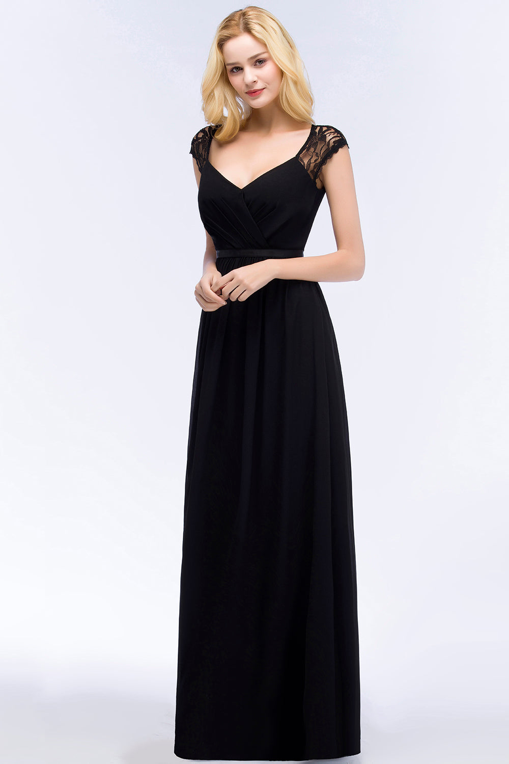Elegant Lace Black V-Neck Sleeveless Bridesmaid Dresses with Hollowout Back