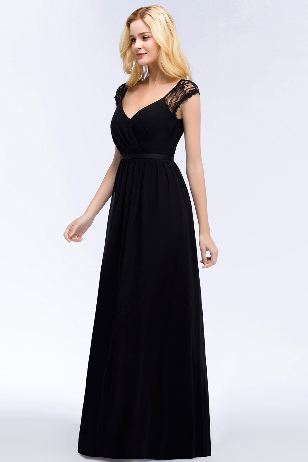 Elegant Lace Black V-Neck Sleeveless Bridesmaid Dresses with Hollowout Back