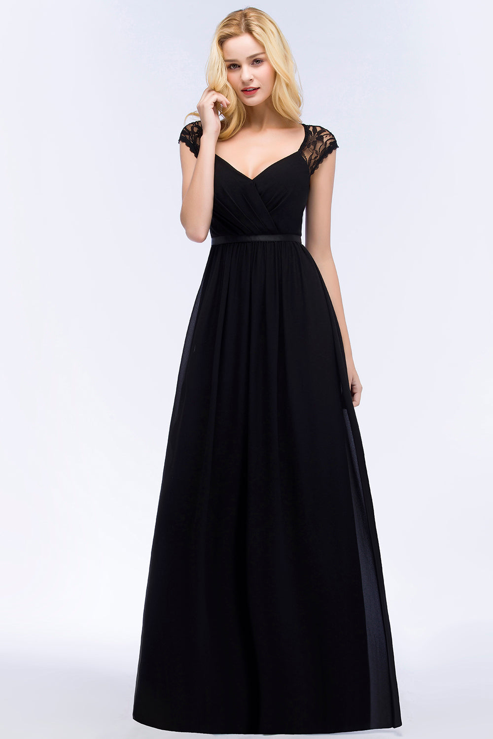 Elegant Lace Black V-Neck Sleeveless Bridesmaid Dresses with Hollowout Back