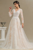 Elegant Lace Deep V-neck Wedding Dress Long Sleeve Floor Length Bridal Gowns-misshow.com