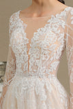 Elegant Lace Deep V-neck Wedding Dress Long Sleeve Floor Length Bridal Gowns-misshow.com