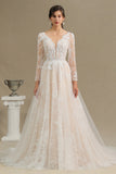Elegant Lace Deep V-neck Wedding Dress Long Sleeve Floor Length Bridal Gowns