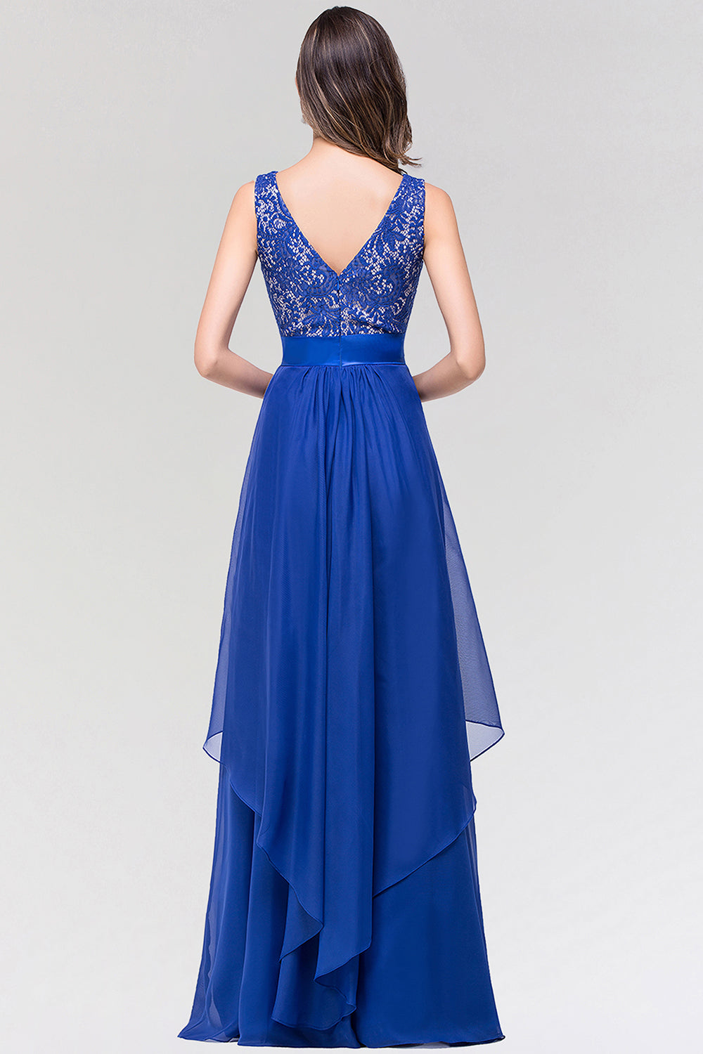 Elegant Lace Jewel Long Chiffon Bridesmaid Dresses with Asymmetric Hemline