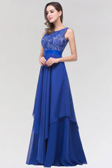 Elegant Lace Jewel Long Chiffon Bridesmaid Dresses with Asymmetric Hemline