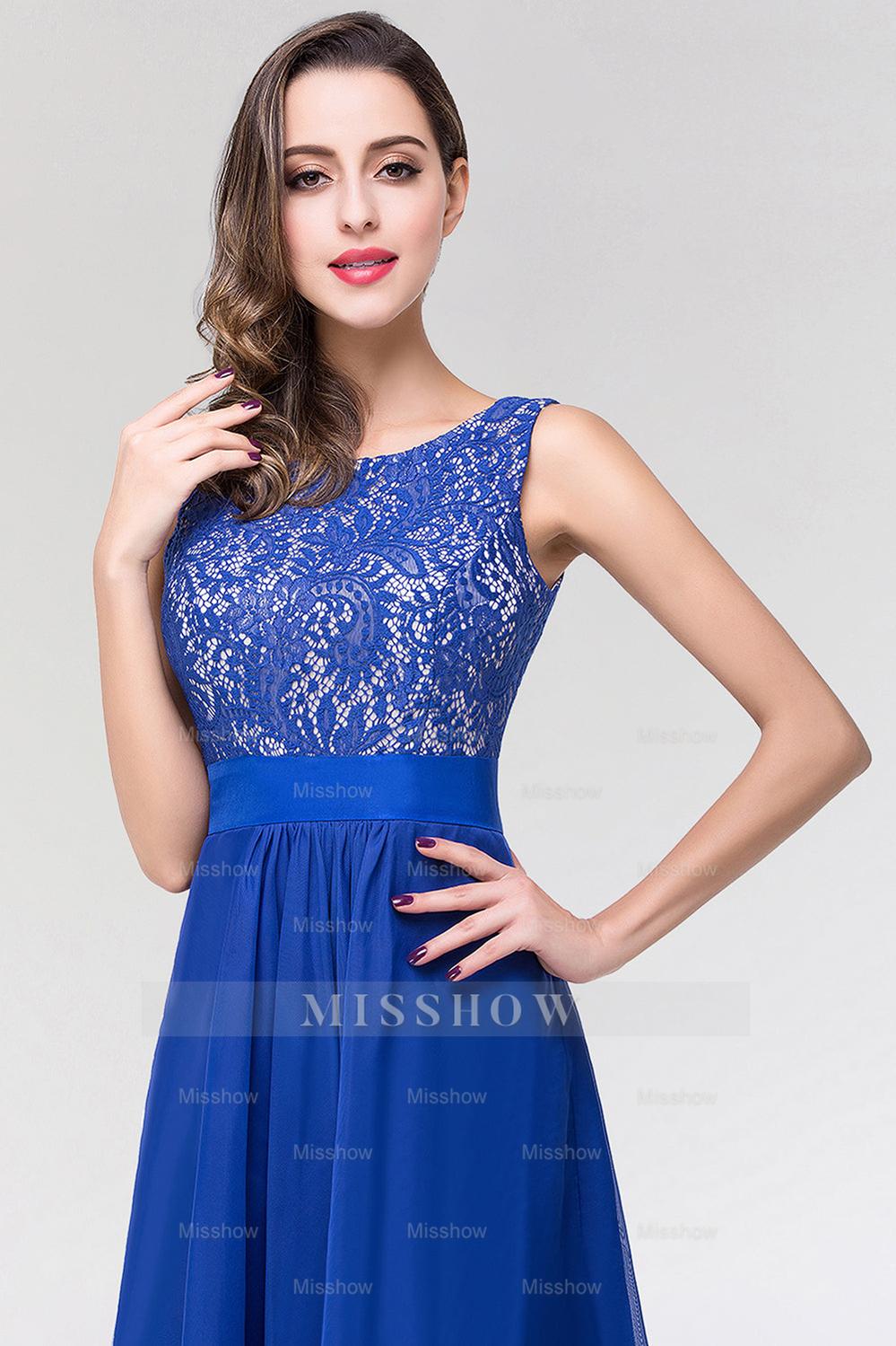 Elegant Lace Jewel Long Chiffon Bridesmaid Dresses with Asymmetric Hemline Elegant Lace Jewel Long Chiffon Bridesmaid Dresses with Asymmetric Hemline