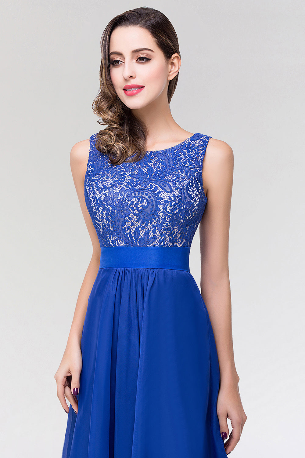 Elegant Lace Jewel Long Chiffon Bridesmaid Dresses with Asymmetric Hemline