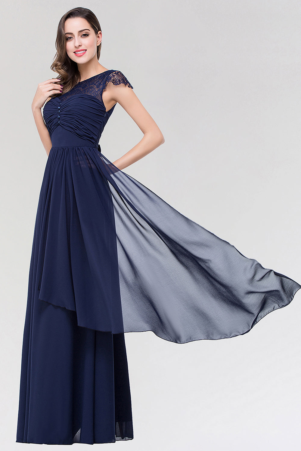 Elegant Lace Scoop Sleeveless Navy Bridesmaid Dresses with Buttons