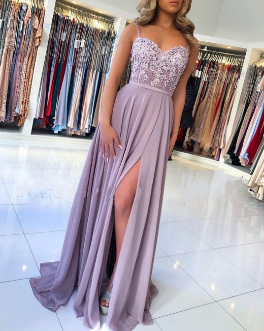 Elegant Lilac A-line Split Long Evening Dresses With Lace-misshow.com