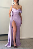 Elegant Lilac Long Glitter Off-the-shoulder Mermaid Evening Dresses With Slit