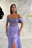 Elegant Lilac Off-the-shoulder Beading Mermaid Prom Dress With Slit-misshow.com