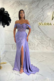 Elegant Lilac Off-the-shoulder Beading Mermaid Prom Dress With Slit