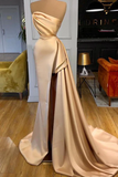 Elegant Long A-line Champagne Strapless Prom Dress With Slit-misshow.com