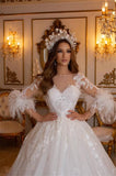 Elegant Long A-line Lace Appliques Tulle Wedding Dresses With Sleeves-misshow.com