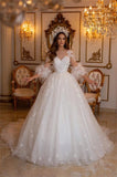 Elegant Long A-line Lace Appliques Tulle Wedding Dresses With Sleeves-misshow.com