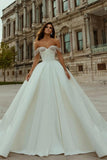 Elegant Long A-line Off-the-shoulder Sleeveless Wedding Dresses With Beads-misshow.com