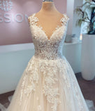 Elegant Long A-line V-neck Tulle Lace Wedding Dress-misshow.com